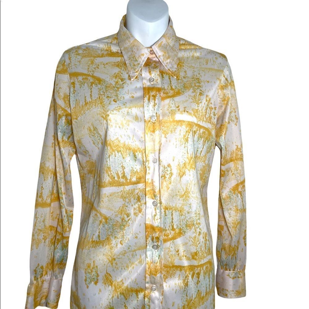 Vintage 1970s Vera Button Down Geometric Long Sleeve Shirt M Saffron Marigold - Picture 11 of 15
